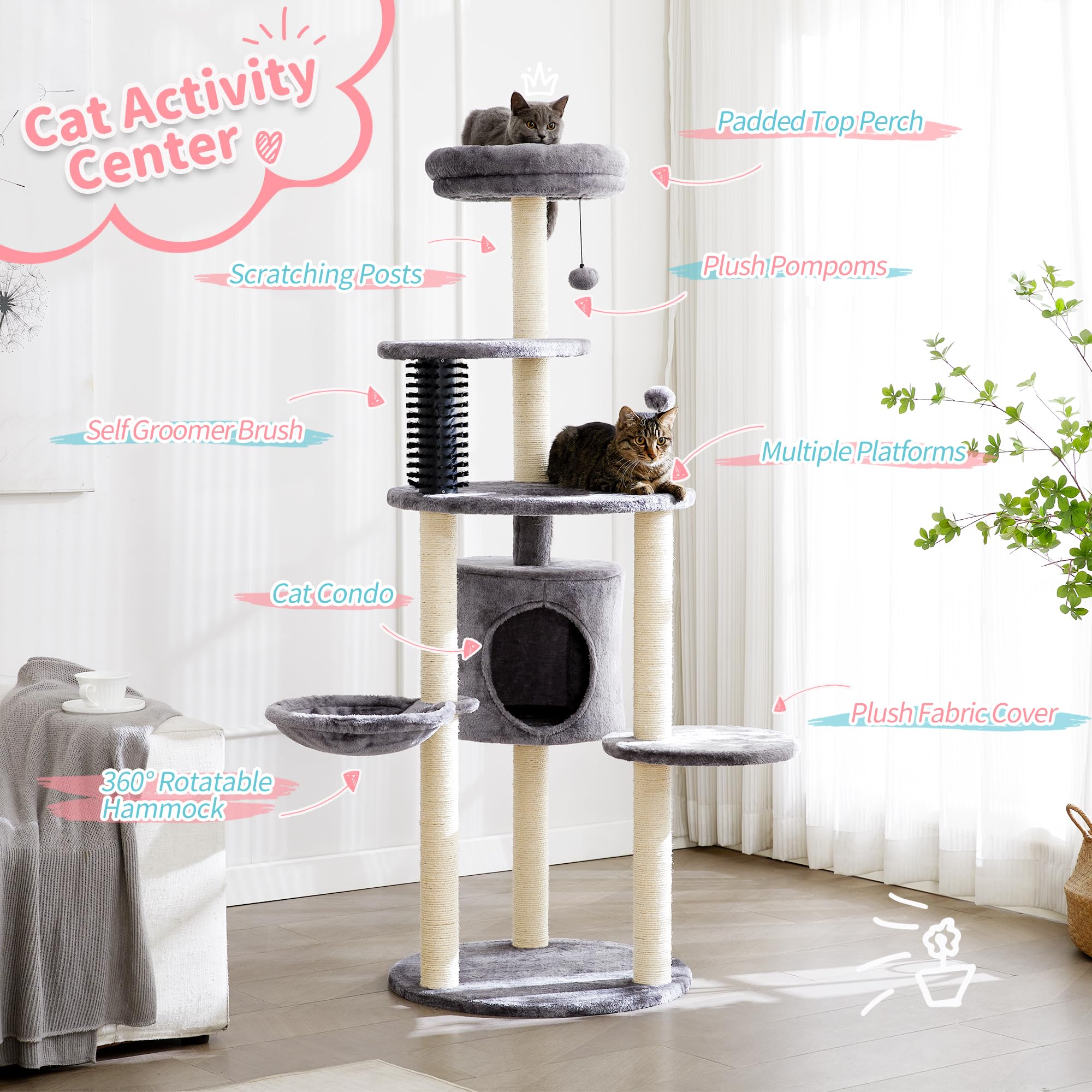Made 4 Pets Cat Tree For Indoor Cats, 60.2 Inch Tall, 5-Level, Modern, Grey, Sisal Scratch Posts, Cat Condo With Hammock, Cat To